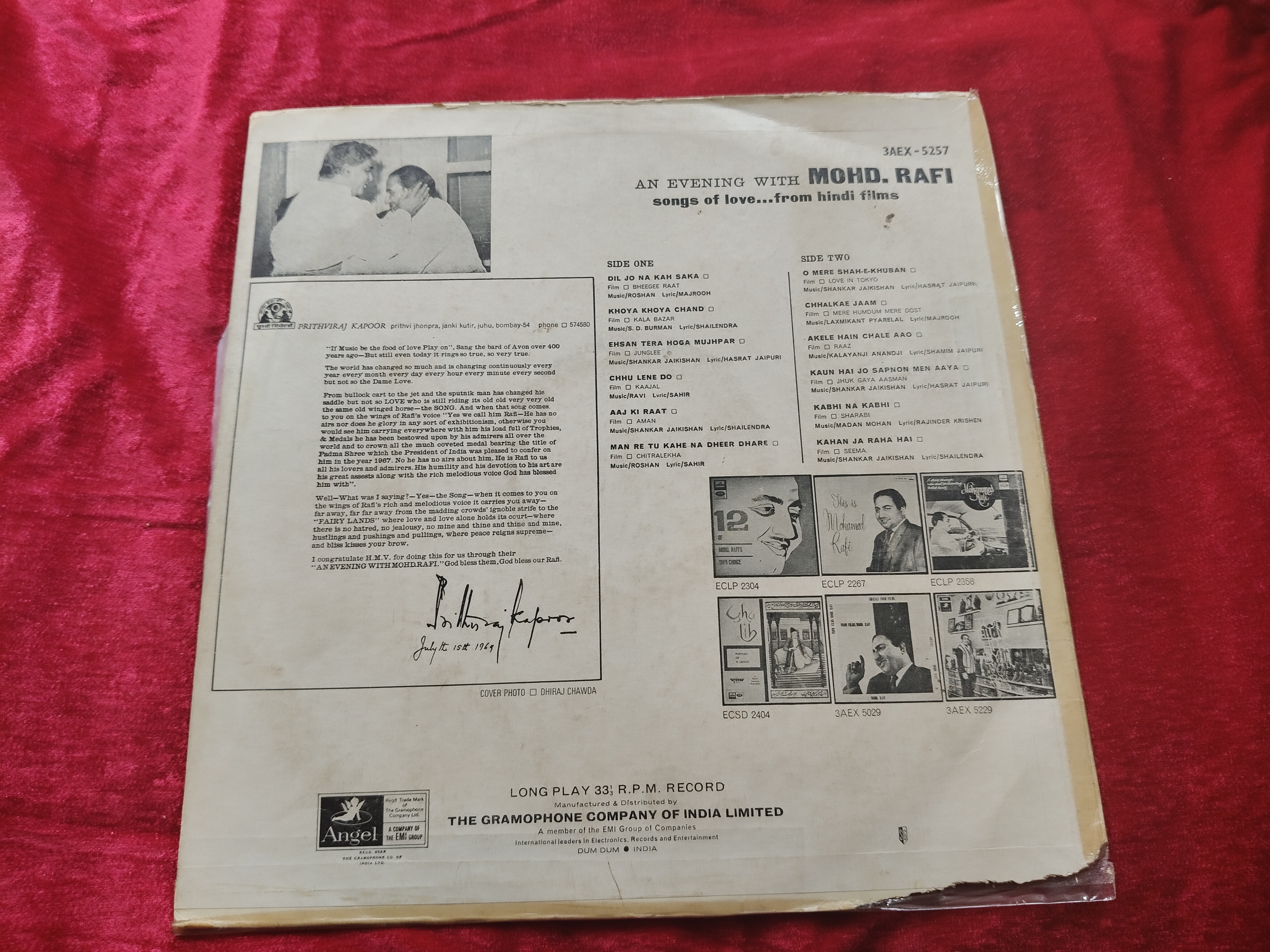 An Evening With Mohd Rafi Vinyl LP 33.3 RPM – Hindi Film Songs -Odeon 3AEX 5257 — photo 2 of 2