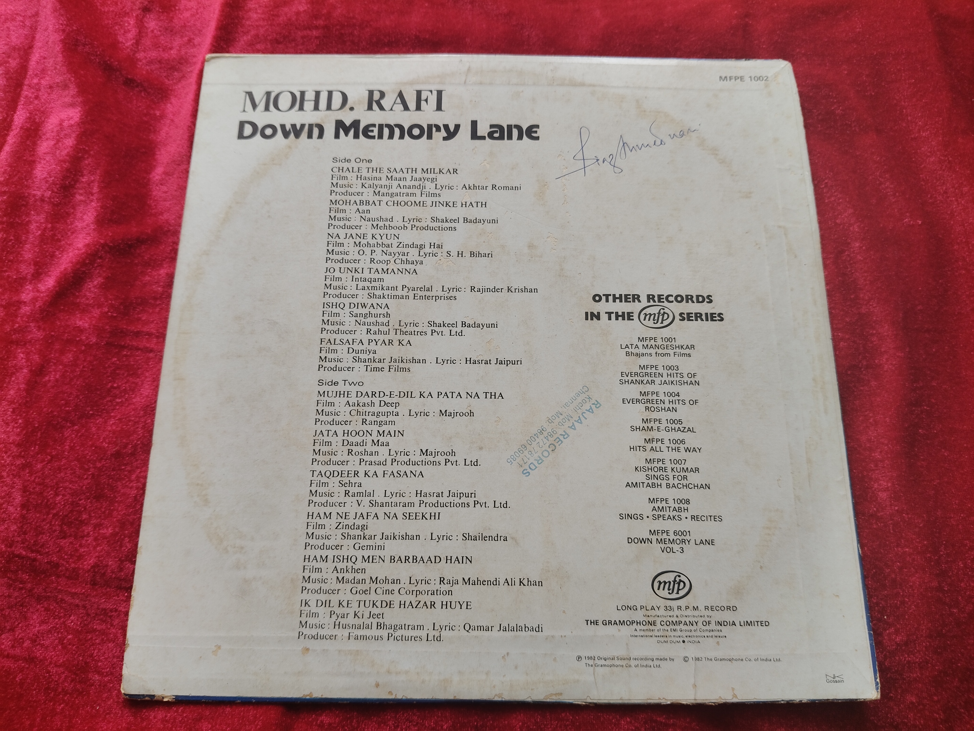 Down Memory Lane Mohd.Rafi Hindi Non-Filmi Lp Vinyl Record Condition-Mint — photo 2 of 2