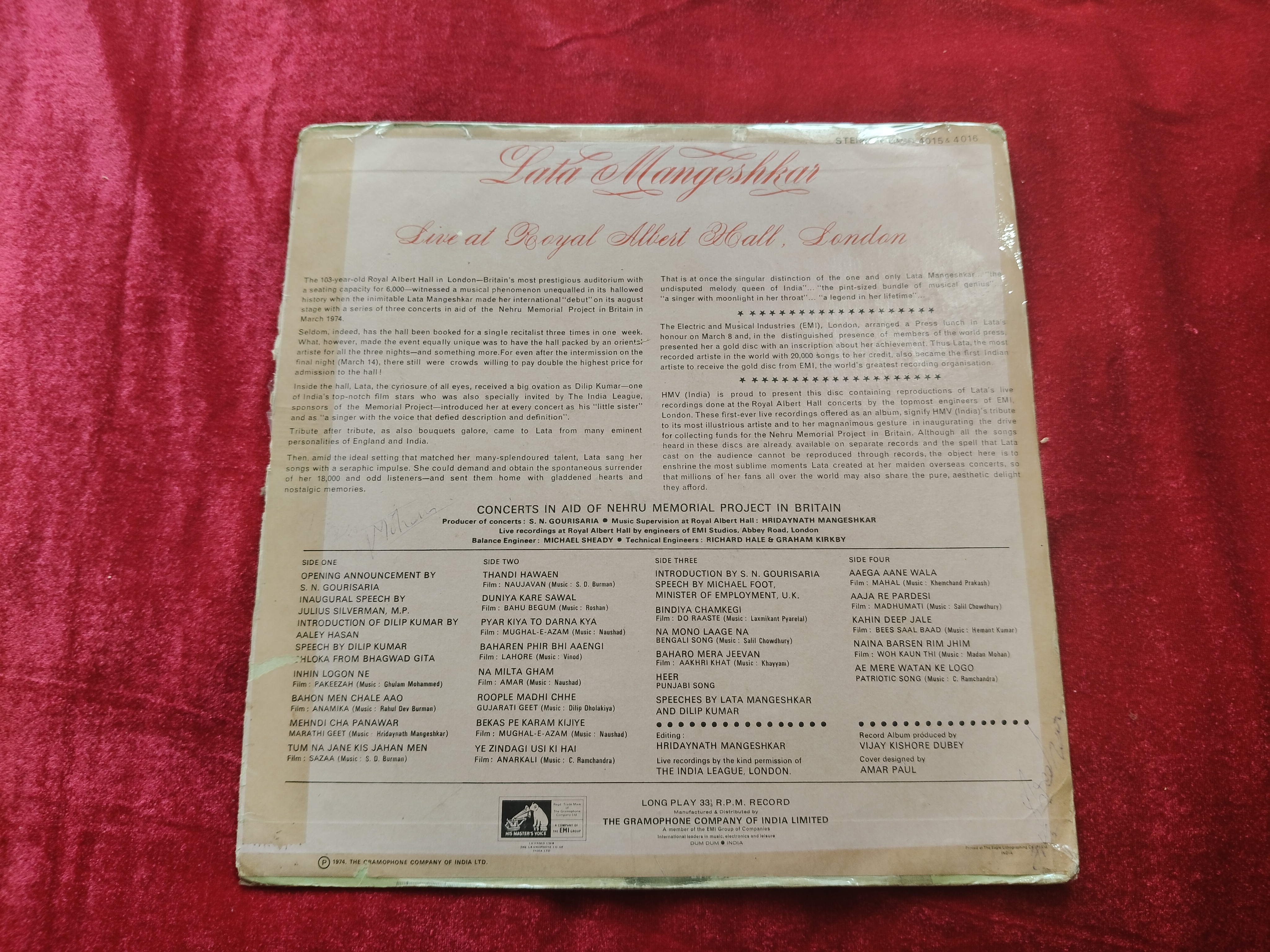 LATA MANGESHKAR LIVE AT ROYAL ALBERT HALL,LONDON Hindi vinyl LP — photo 2 of 2