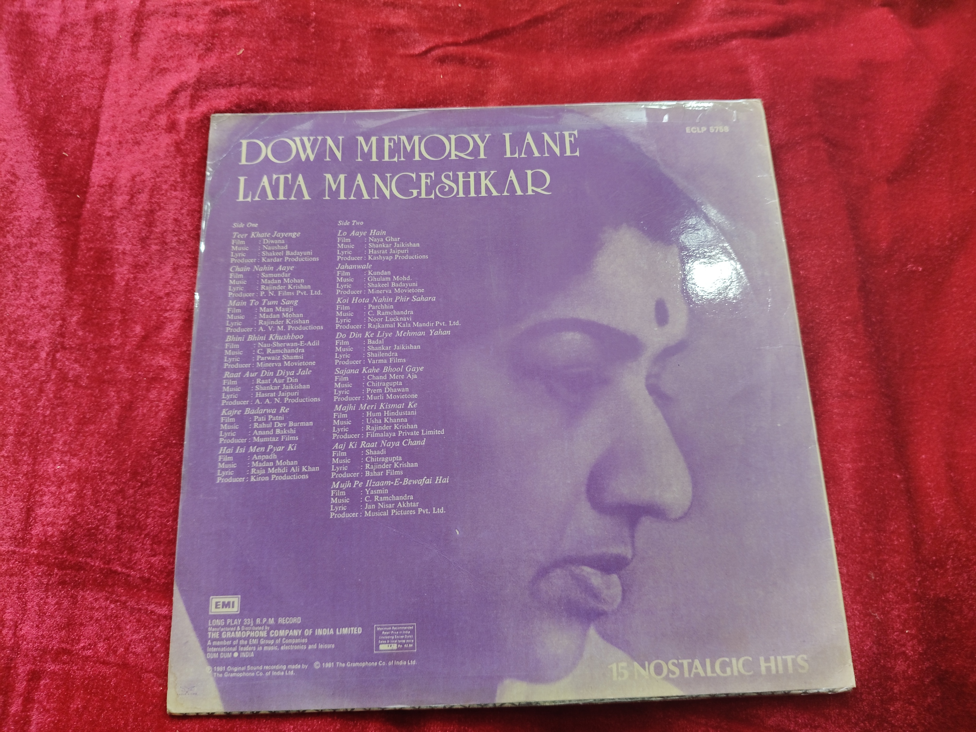Lata Mangeshkar – Down Memory Lane – ECLP 5758 –Film Hits LP Vinyl — photo 2 of 2